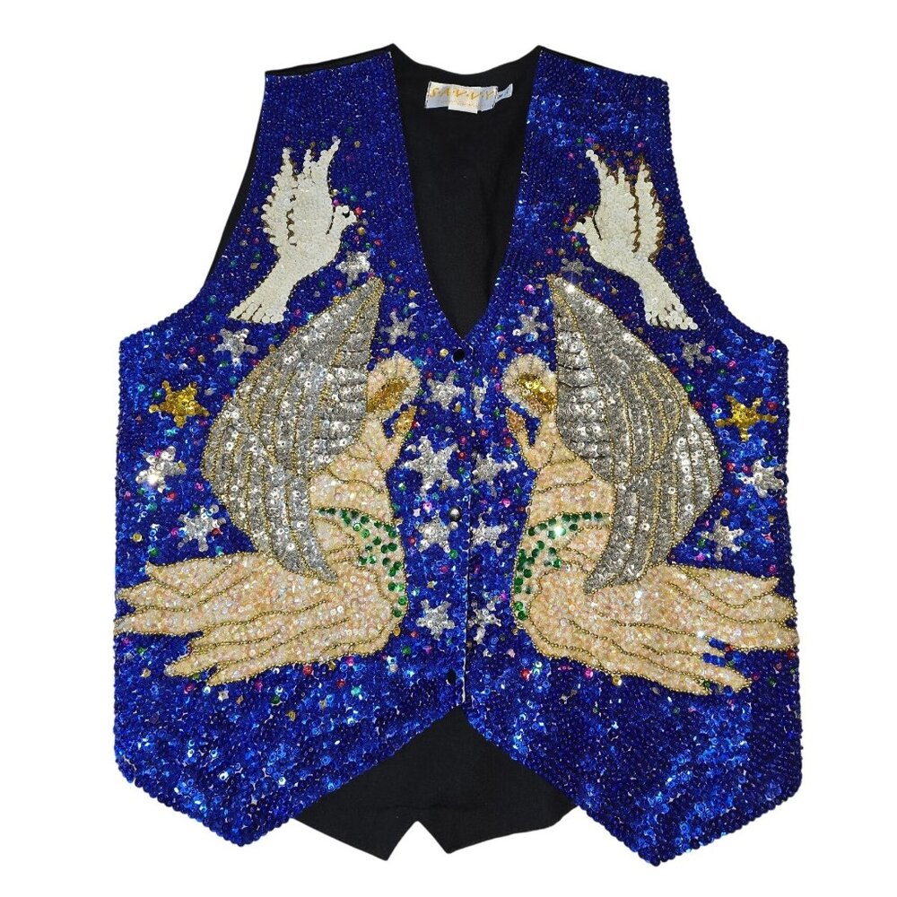 Vtg Christmas Sequin Vest Medium Angel Dove‎ Holiday Party Y2K Glam Fancy Fairy